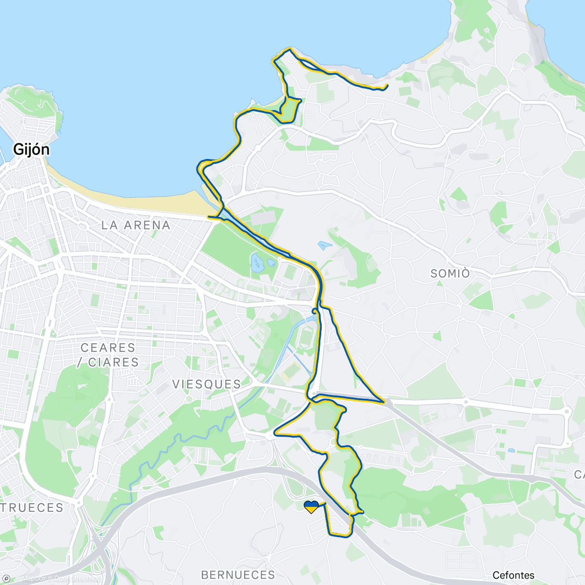 Map of the activity, #anygivensunday largely Z2 HR run  (#768 of the post-covid era) from Bernueces towards the eastern end of the San Lorenzo beach and on to a coastal trail to the sculpture “Nunca más” and back…