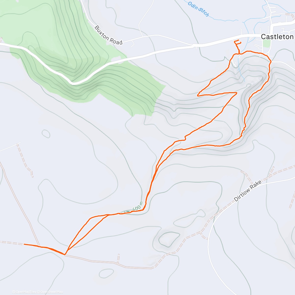 Map of the activity, Short walk to test my new shoes then chips back in Castleton.