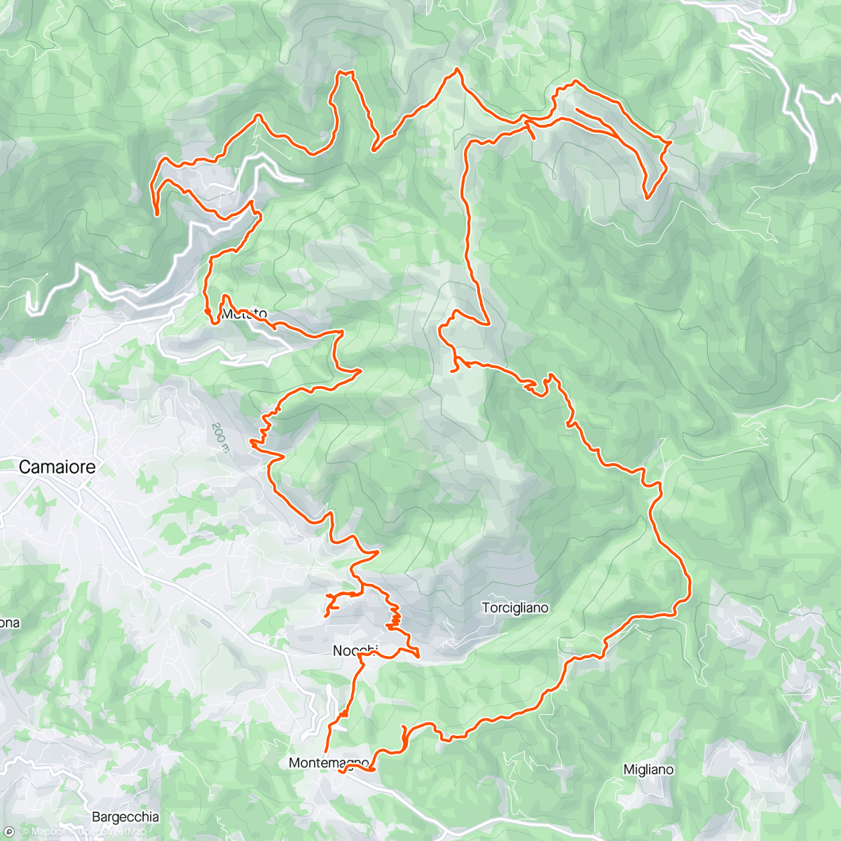 アクティビティ「Maratona Alpi Apuane Meridionali e traversata frazioni Camaioresi Vette M.Prano M.Prana M.Piglione ⛰️⛰️⛰️🔝🔝🔝💪🏼🤙🏻」の地図