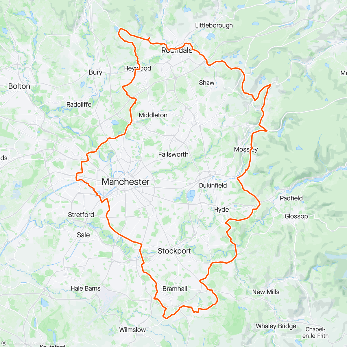 Mapa de la actividad, Tour de Manc. Best picnic ride, great pies, challenging route, with a brutal climb. Well sign posted, expensive but never had so many stops. Great pies at last one, otherwise would have ride through