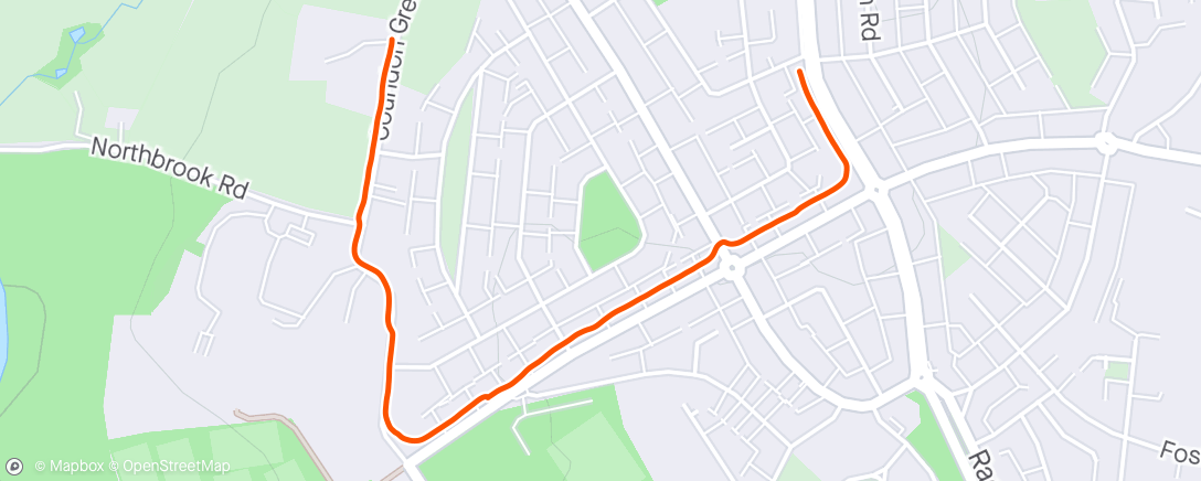 Map of the activity, Afternoon Run with dogs but left calf tightened so walked home 😢