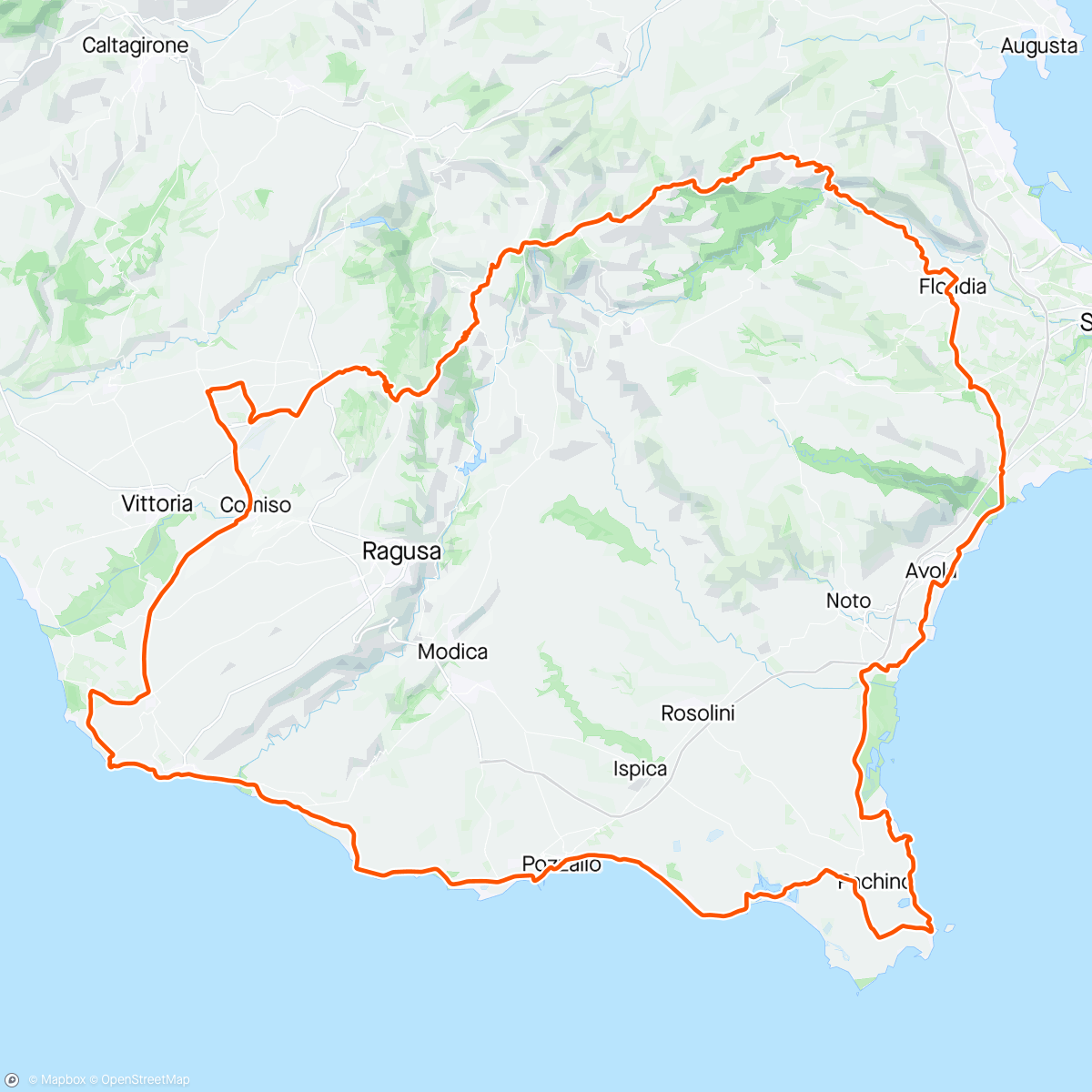 Karte der Aktivität „Sortino, monte Lauro, Chiaramonte Gulfi, Pedalino, Comiso,Punta Secca,Pozzallo, Portopalo, Avola, Solarino, Sortino”