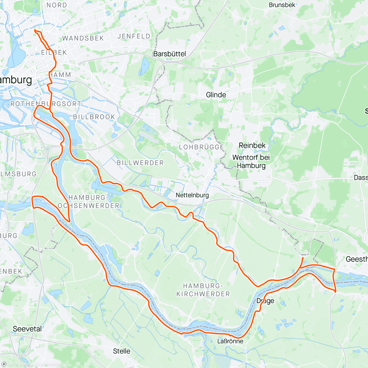 Mapa da atividade, Bike - perfektes Timing heute 🤗 1,5 Stunden im Elbcafe vor dem Regen versteckt und dann trocken nach Hause (nur von unten nass) 🙏 🤗