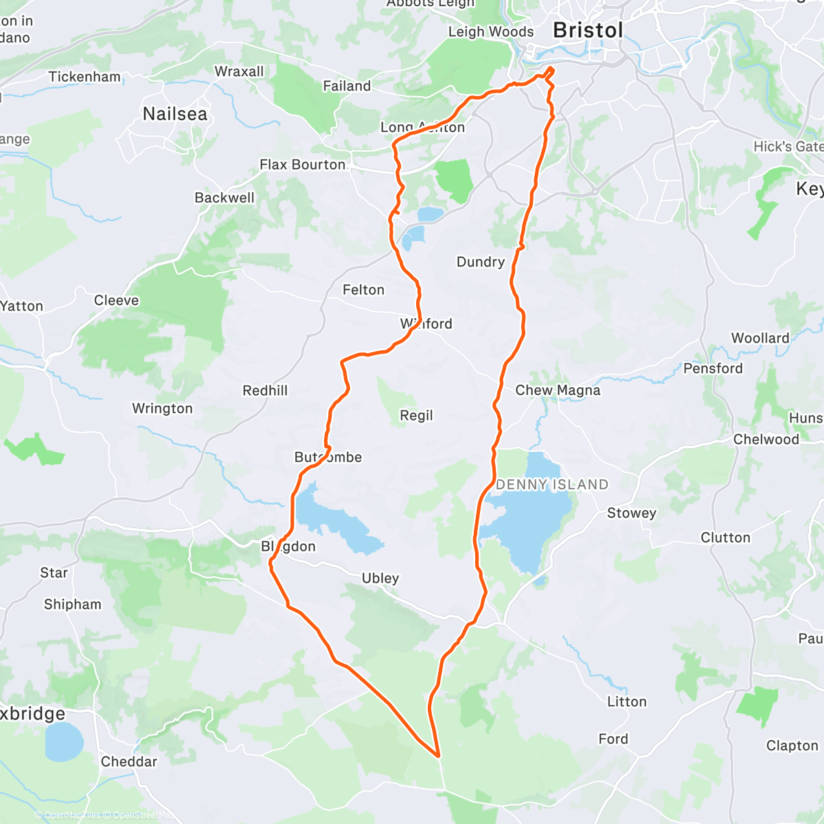 Map of the activity, Last Bristol ride - 1 Mendips climb. Chilly