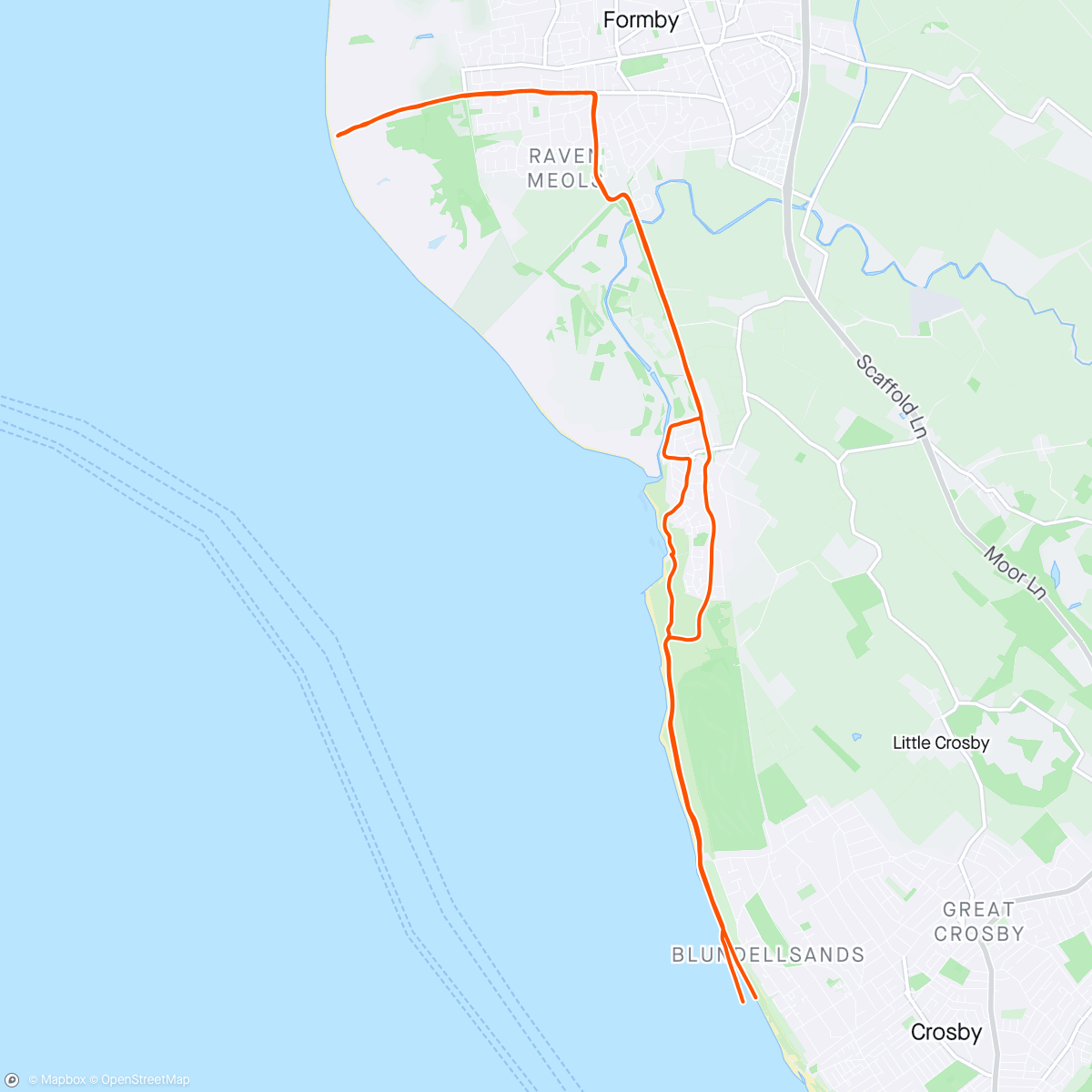 Map of the activity, Crosby Beach to Formby Beach and back