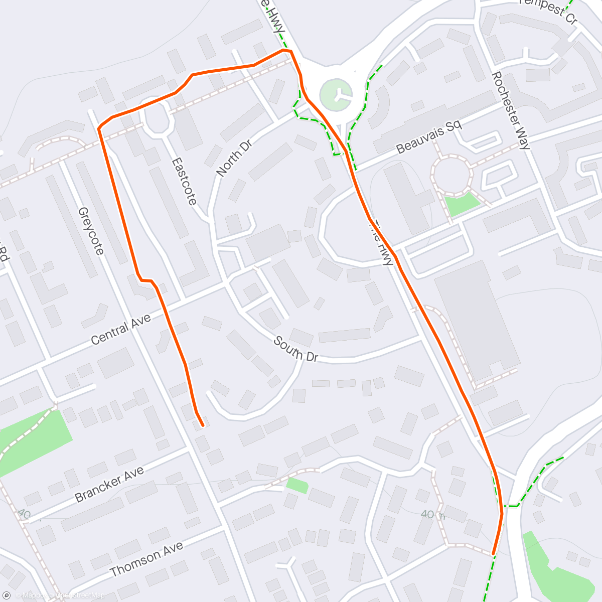 Map of the activity, 2.5 min jog + 30 sec walk x6