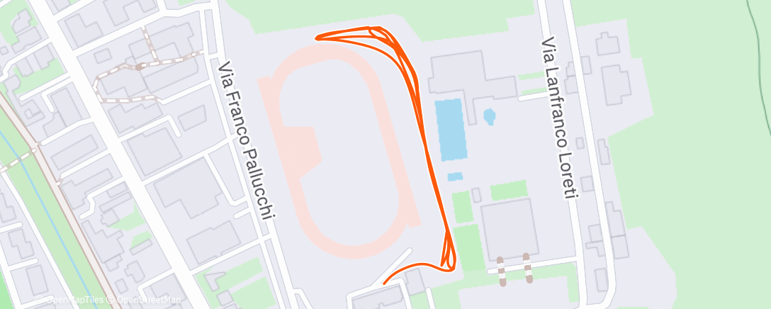 Map of the activity, 500 full gas sotto 1'30" + 5 allunghi, tutto su erba