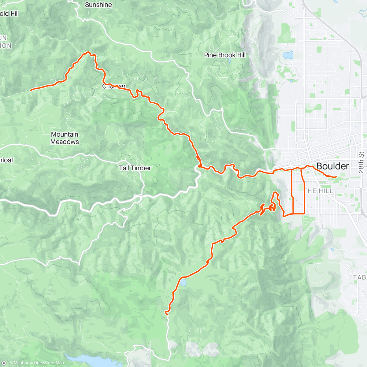 Map of the activity, Boulder Locos day 3 -  A lodge to Boulder to top of FLAGSTAFF and a little over the top then back down back through Boulder up 4 Mile Canyon to Wall Street and back to hotel. Not many miles but lots of 10-15% grade climbs