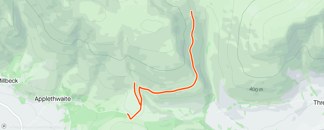 Mapa de la actividad (Lunch Walk planned to do Skidaw, but Wally refused to climb beyond underscar carpark, so we did half of the Lakeland Trail 15 / 10k race course. Great route considering doing this next year.)