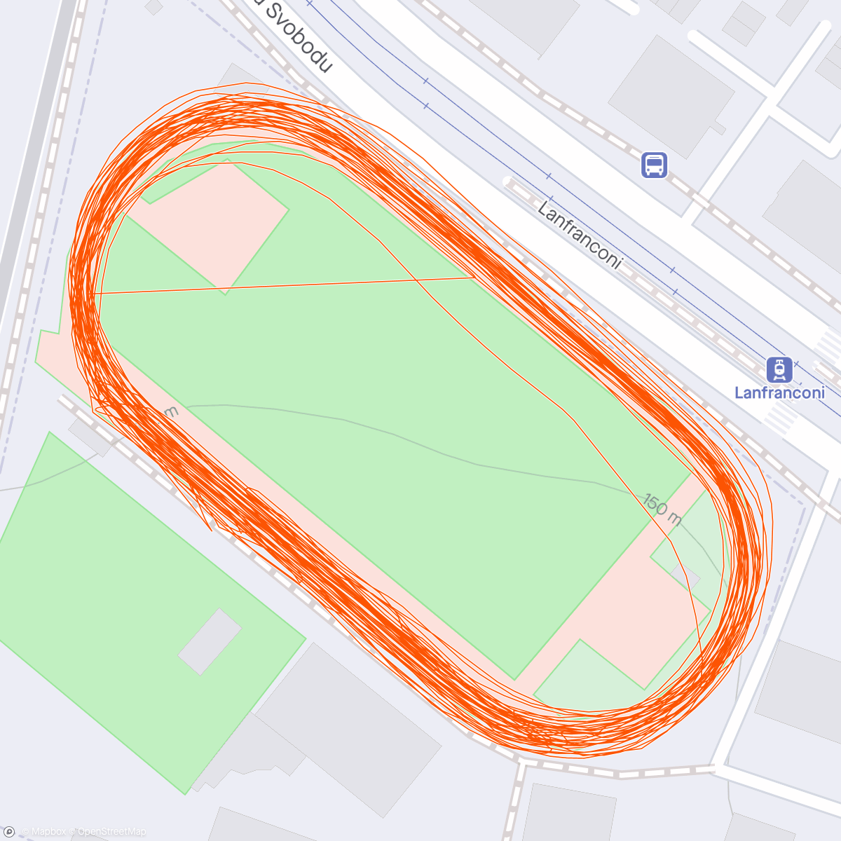 Map of the activity, 1600m T3:08 + 3 x (400m+300m+200m)
