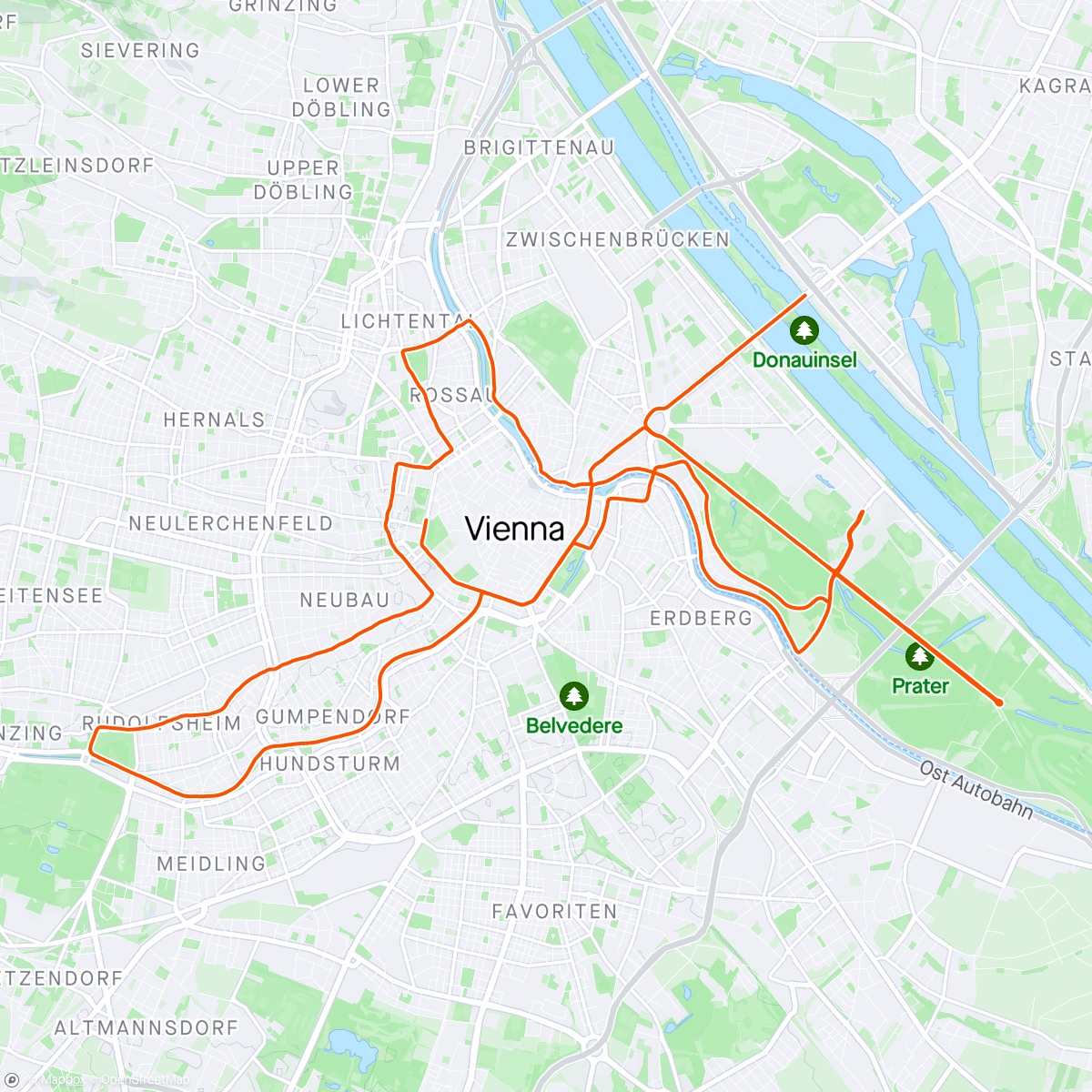 Map of the activity, Wien maraton.  Off tid 3:26:38