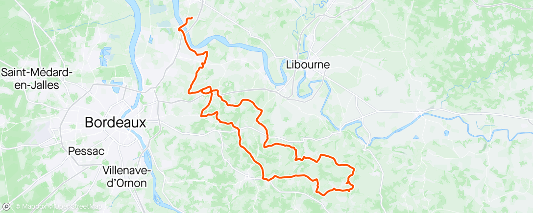 Map of the activity, Vélo dans l'après-midi, quasi circuit 100 km Loubésienne + 14km (Cubzac/Clos Graffeuil après ST Loubès)