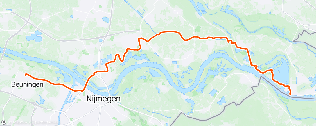 Mapa de la actividad (Tolkamer frites met. Met Beuningen naar Lent vanochtend 45 km. Gravelbike. Samen met Willy de Waal.)