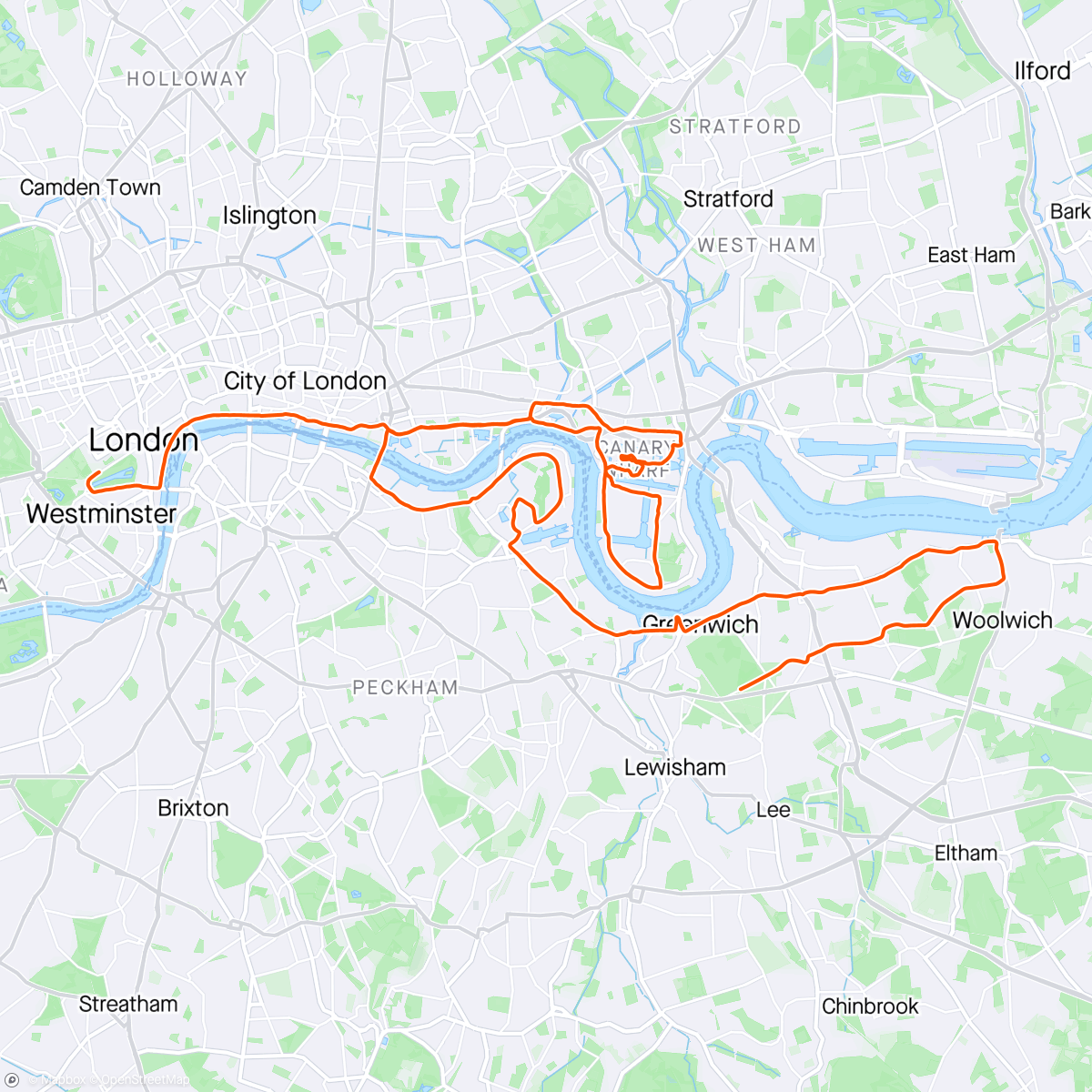 Map of the activity, London Marathon. Slower Than The Last Time I Ran It After COVID. Wheels Fell Off After Mile 15.