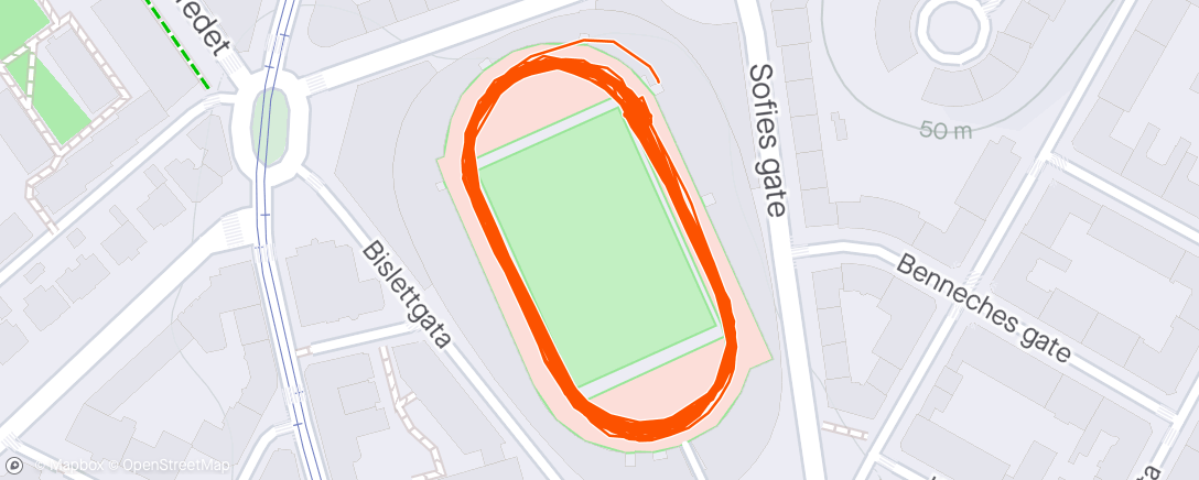 Map of the activity, 3x1200 lavterskel, 11x400 @4.00-3.46