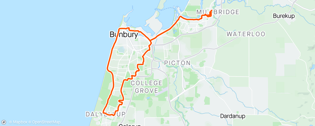 Map of the activity, Millbridge to Dalyellup  Ride