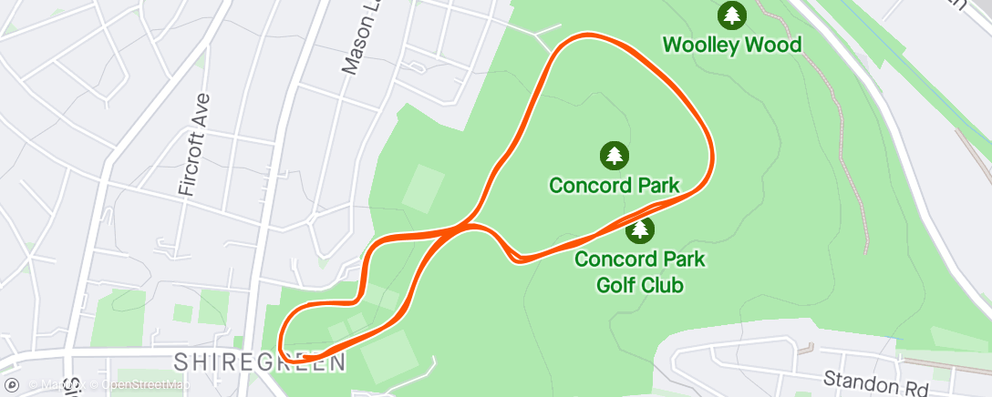 Karte der Aktivität „Concord parkrun. Don't know what to make of that one, felt good, but so slow. Also the first time I've bottled jumping the barrier. Must be getting old. Never mind. Job done. All good.🏃”