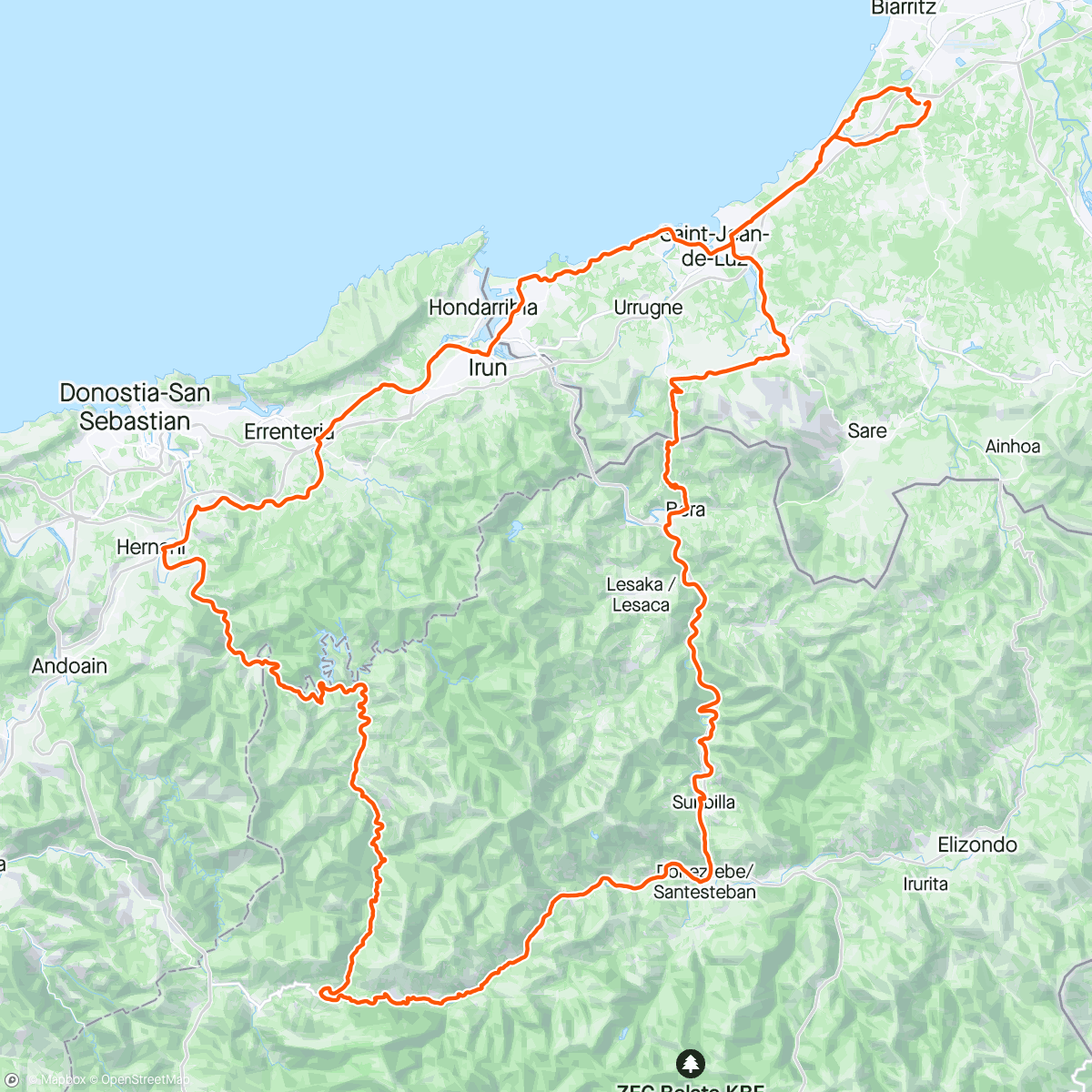 Karte der Aktivität „26/05/2024 BTPB, magnifique parcours assez montagneux jusqu’au col de Basakabi, retour par vallée de Goizueta, Gaintxurizketa et Corniche”
