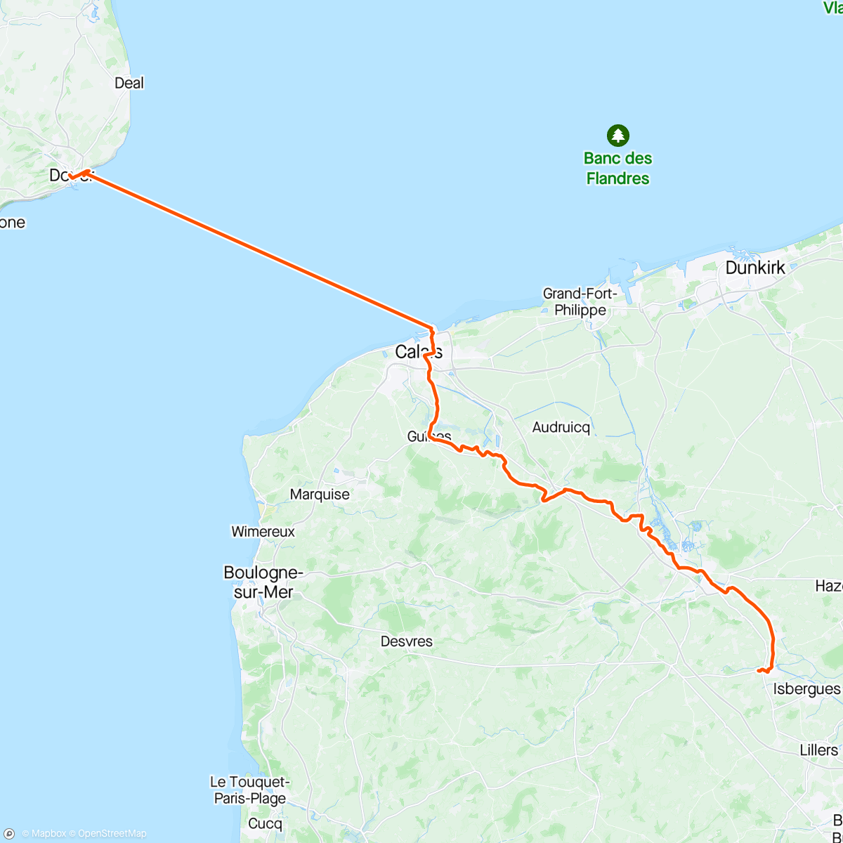 Map of the activity, D12 - Canterbury to Dover (Train) to Calais (Ferry) to Aire-Sur-La-Lys (Bike)