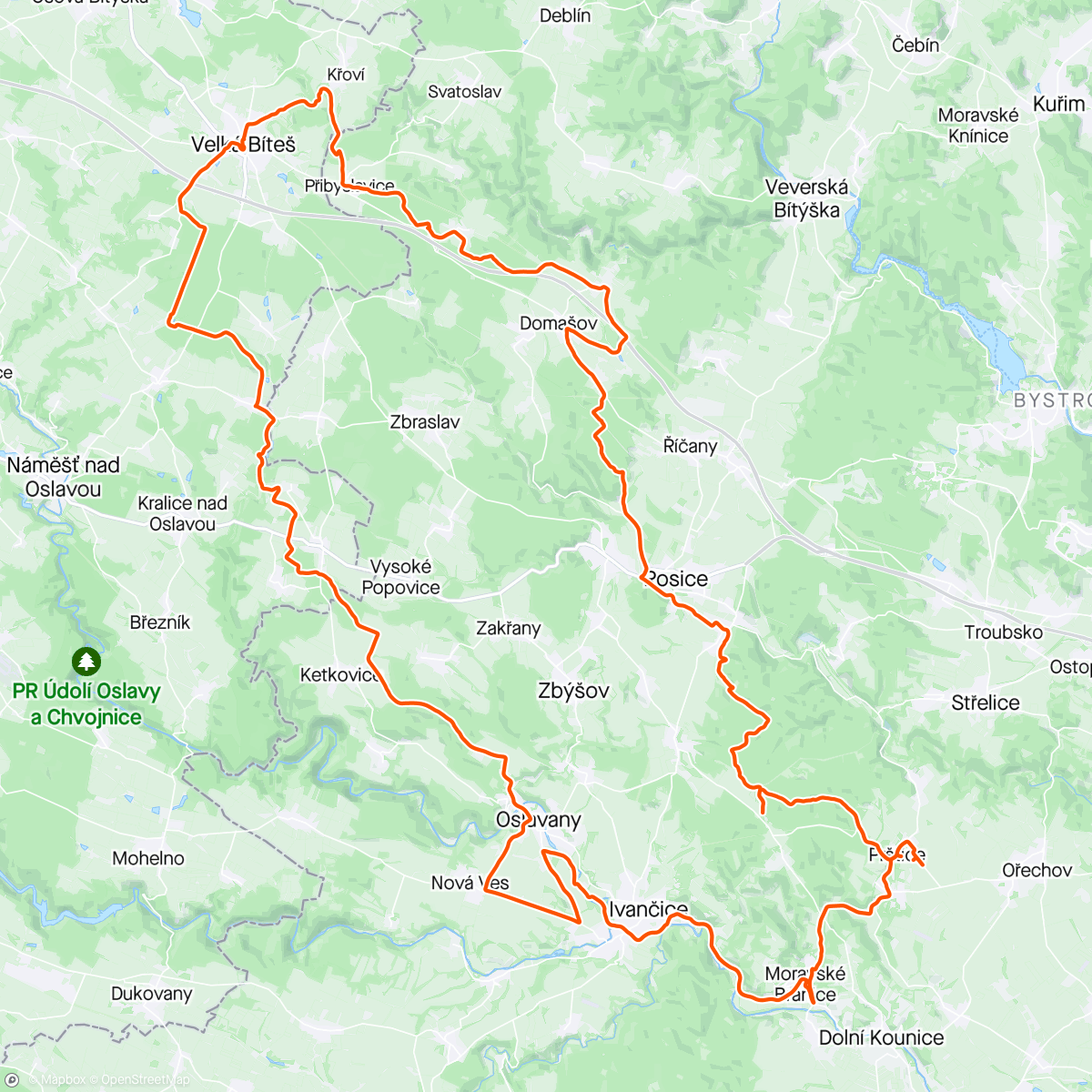 Map of the activity, S Mirkem vlčakem zkouknout cyklo závod Velká Bíteše -Brno-Velká Bíteš