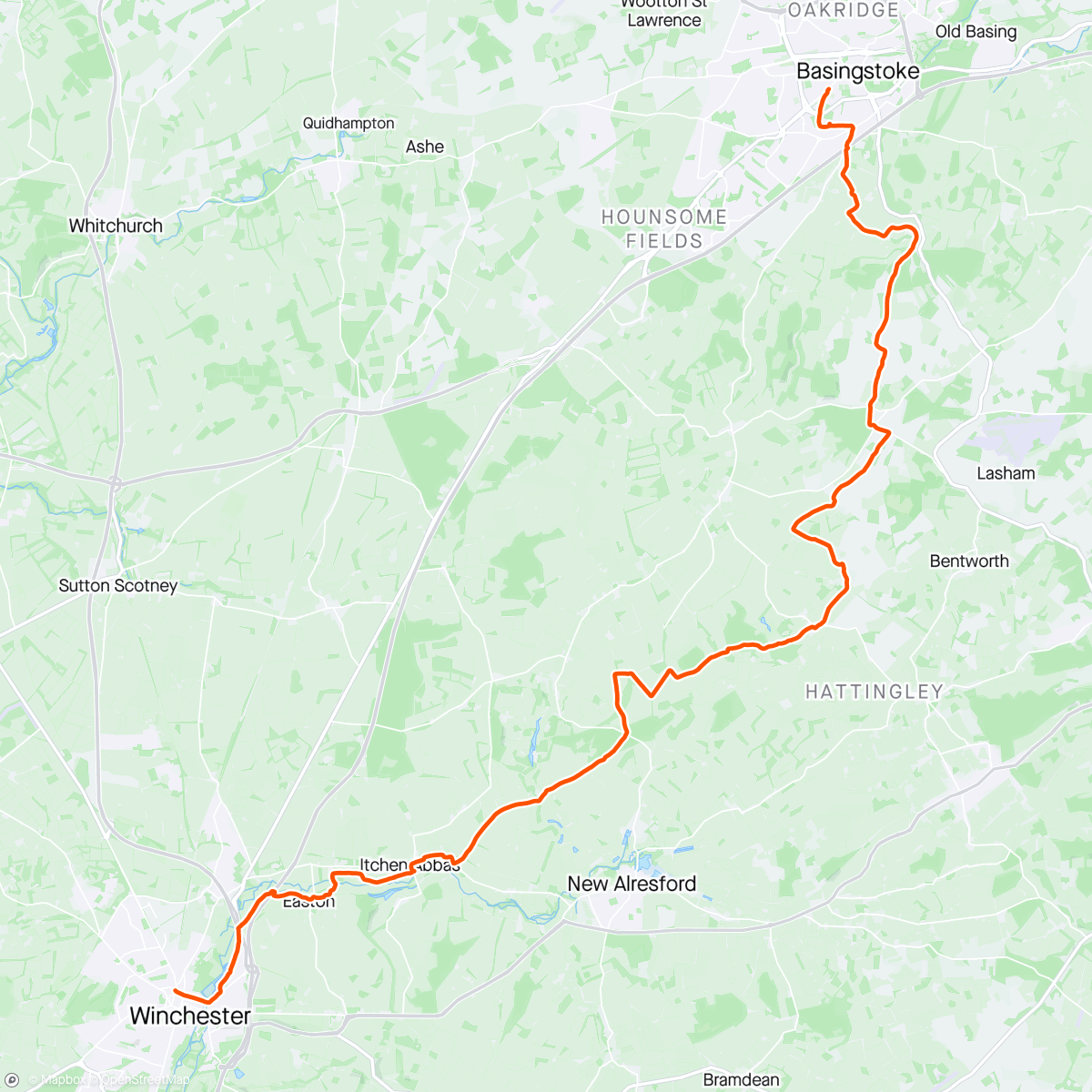 Map of the activity, Basingstoke to Winchester on the Three Castle Path w/ Stef