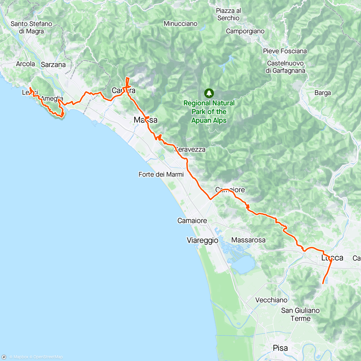 Map of the activity, Lerici to Lucca