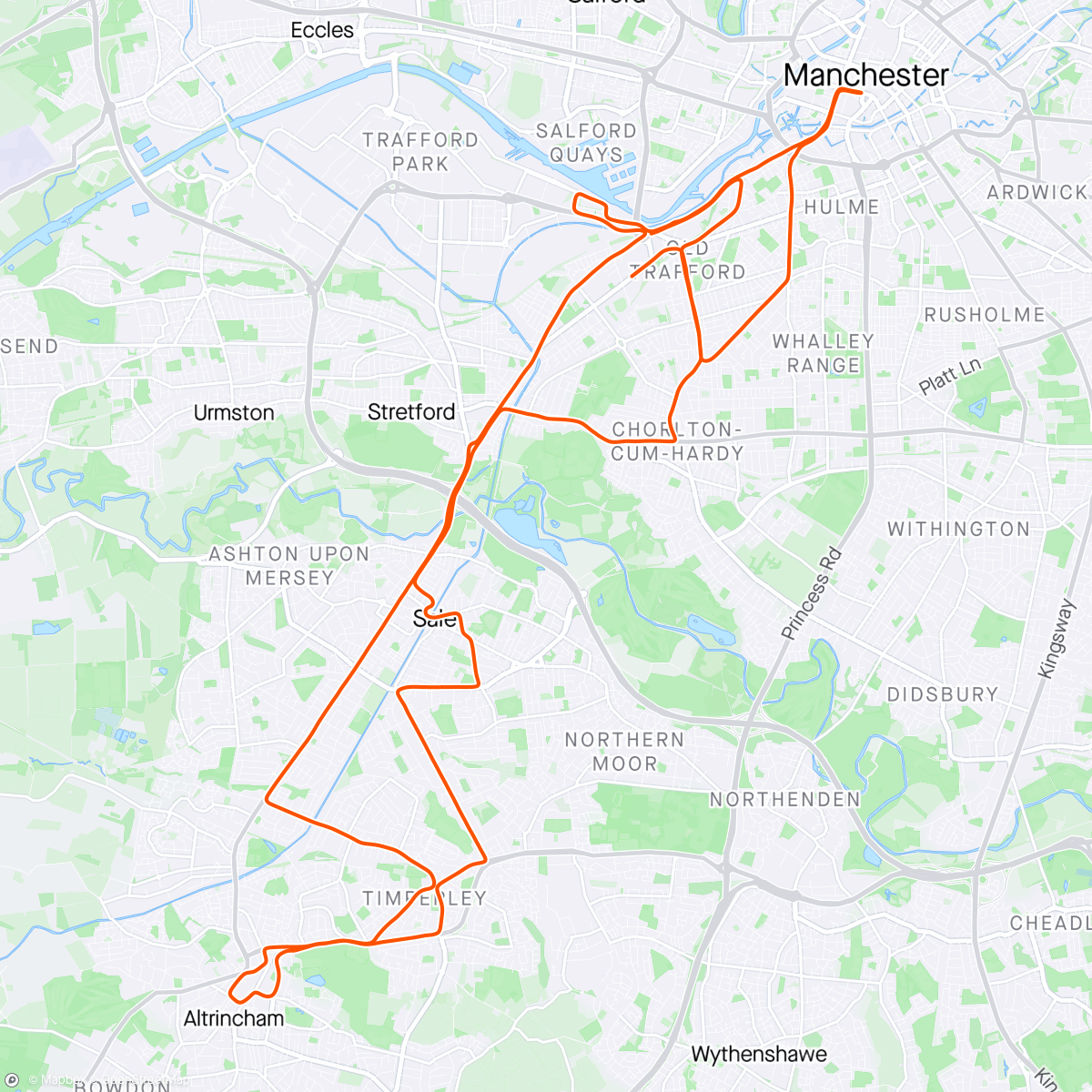 Map of the activity, Manchester Marathon,was going great till mile 21 then the body started to break down,pain was hard to ignore,had a strong finish though