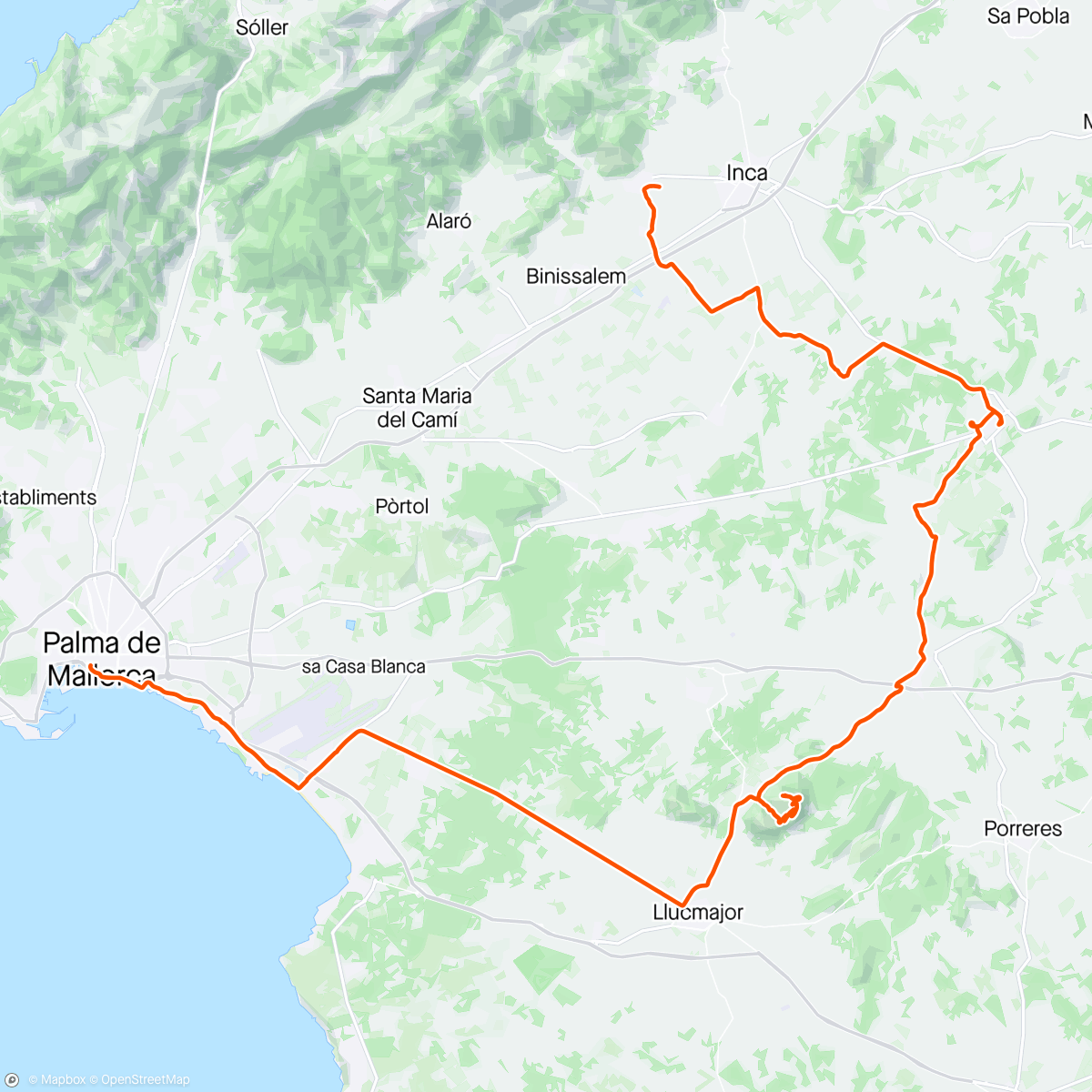 Map of the activity, Mallis 2024 - dag 1 - the warm up - knot ut av Palma, Cura Randa, velodromen i Sineu og hjem til criben i Lloseta. Kort kort