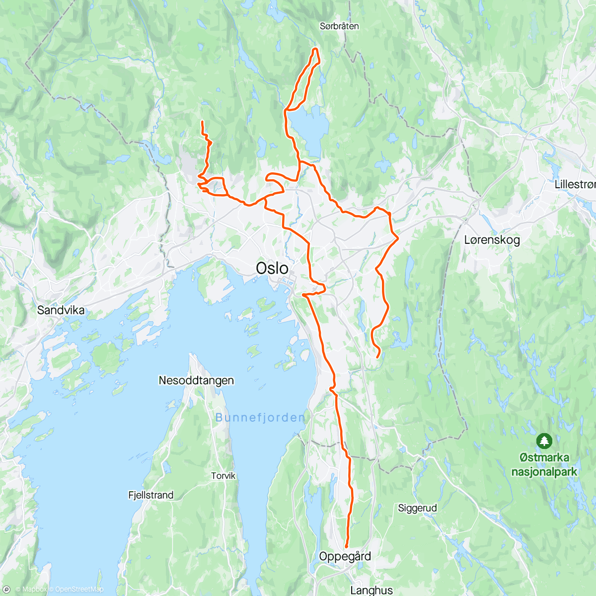 Map of the activity, 3x Tryvann TH efforts + fatmax Maridalen