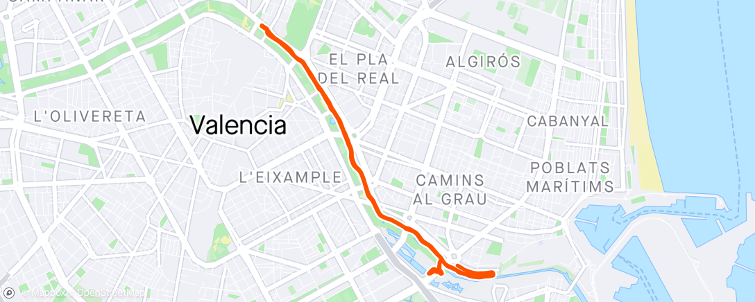 Map of the activity, Ironman 70.3 Valencia run leg (21k) 1:44
