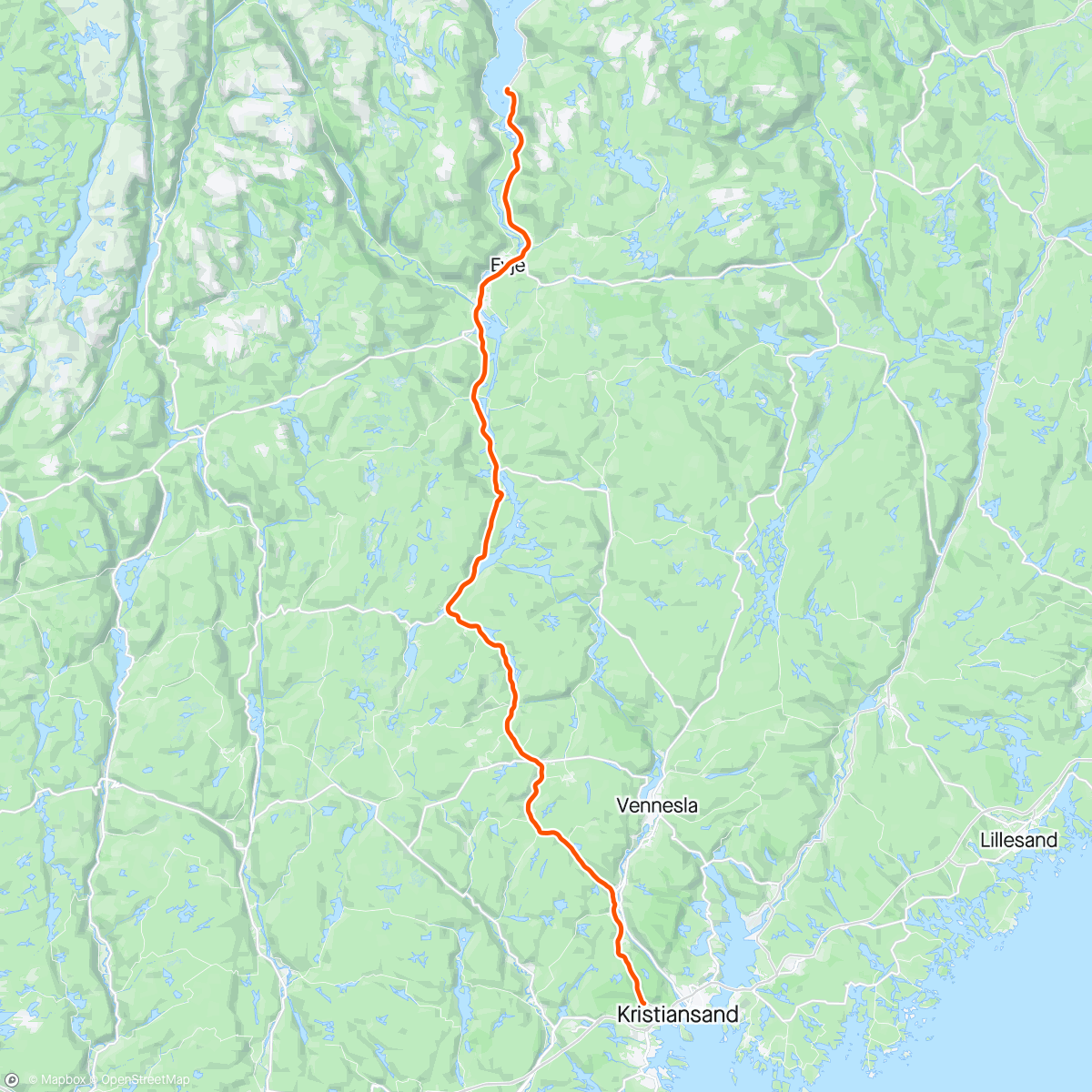 Map of the activity, Kristiansand - Bygland - Kristiansand