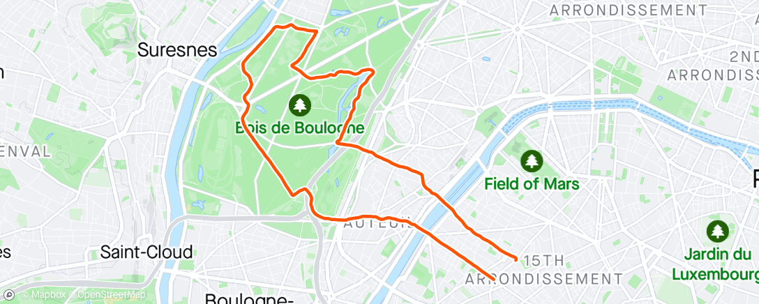 Kaart van de activiteit “Sortie au Bois de Boulogne avec fractionné sur chemin 3x2’r1’ + 4x1’r1’ + 5x30’’r30’’”