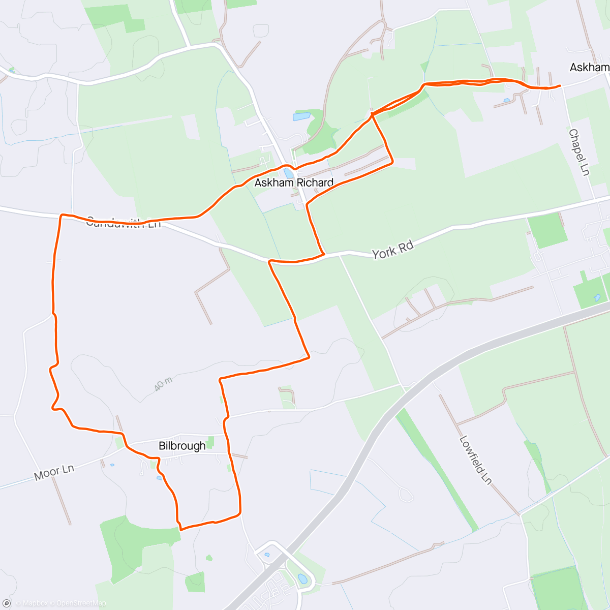 Karte der Aktivität „Run York - trail run, Askham Bryan, Askham Richard & Bilbrough”