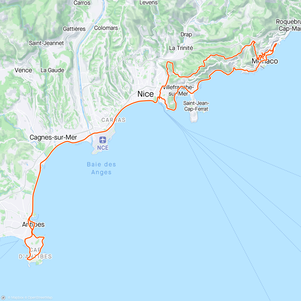 Map of the activity, Monaco - col D’Èze - Nice - Antibes loop