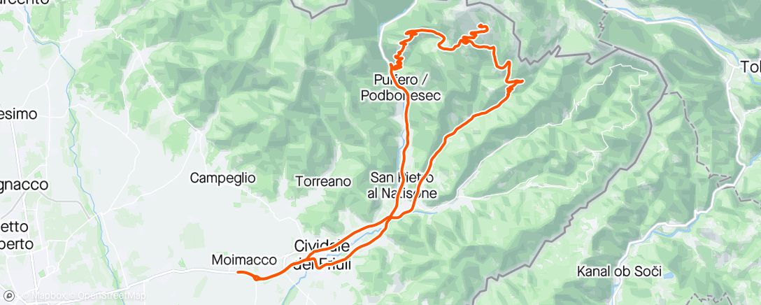 Mapa de la actividad (Moimacco, Pulfero, Mersino, Sella Glevizza, Montemaggiore, Rif.Pelizzo, Savogna, Cividale.)