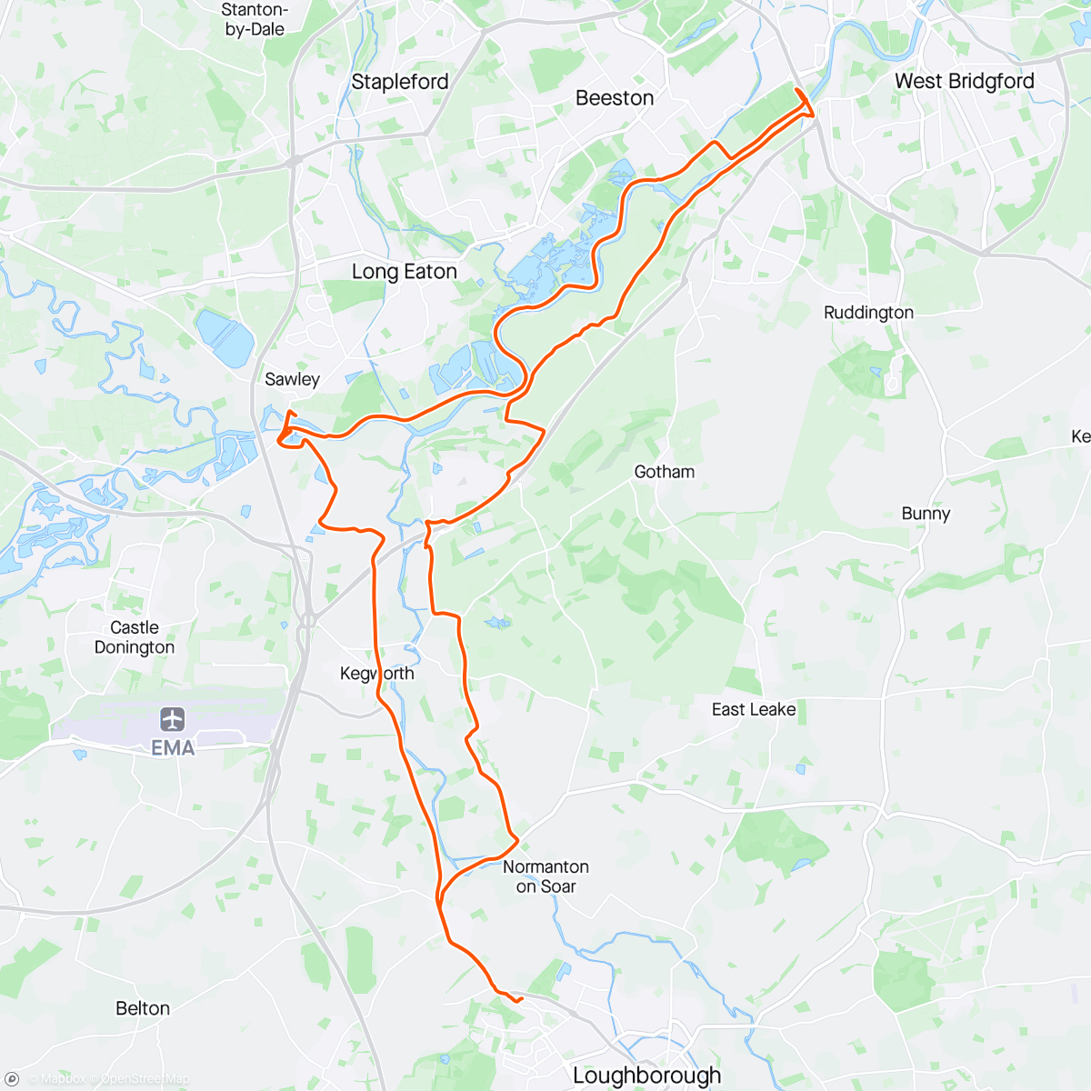 Map of the activity, MTB ride to Nottingham along the Trent