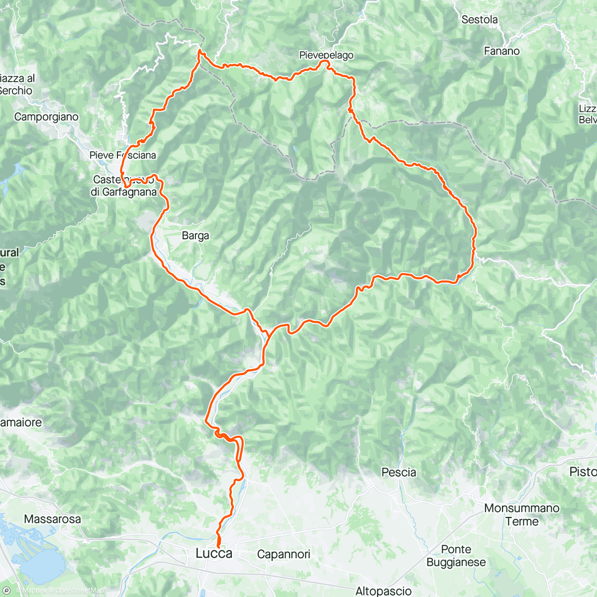 Map of the activity, Lucca-> San Pellegrino -> Abetone -> Lucca