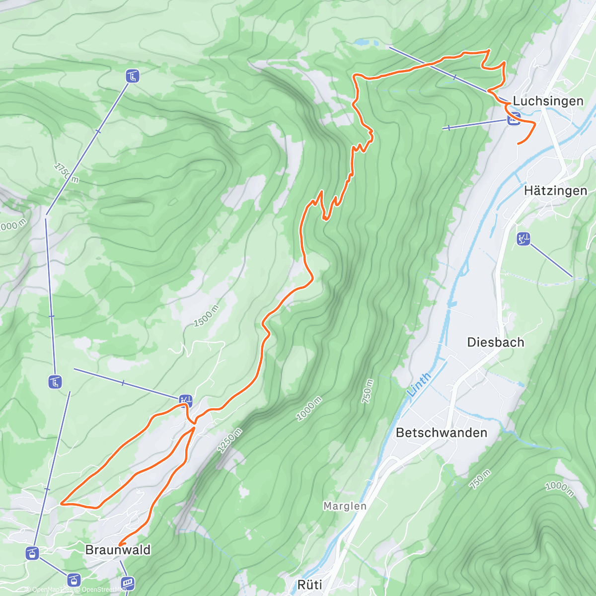 Карта физической активности (Über die Orenplatte nach Braunwald)