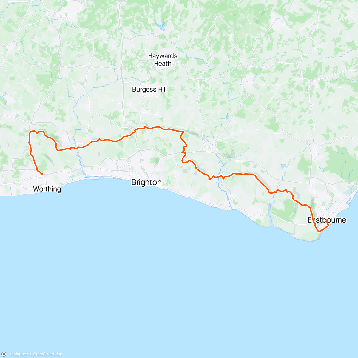 Map of the activity, WECC Fast group gravel ride: 50% of SDW from Eastbourne with the wind. Cracking good ride with excellent company. Got back just as the rain arrived. Phew...keep forgetting how hard the SDW is 😂