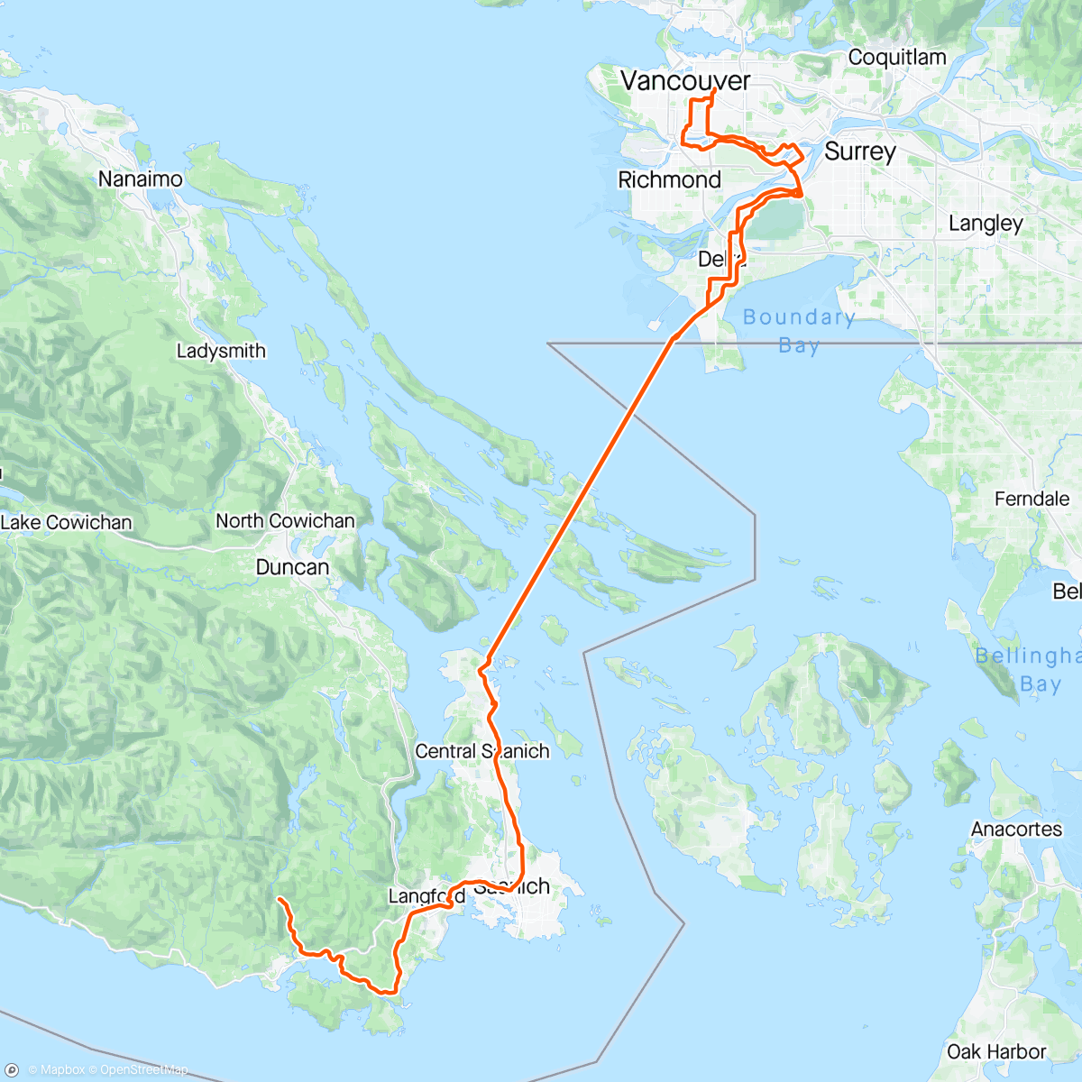 Map of the activity, Beauty day for Ridley baby’s first Sooke visit n whole lotta sufferfestin’ 😂 🚴‍♂️ ☀️