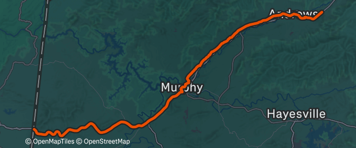 Day 1 route map: Copper Basin, NC/TN State Line to Outskirts of Andrews, NC