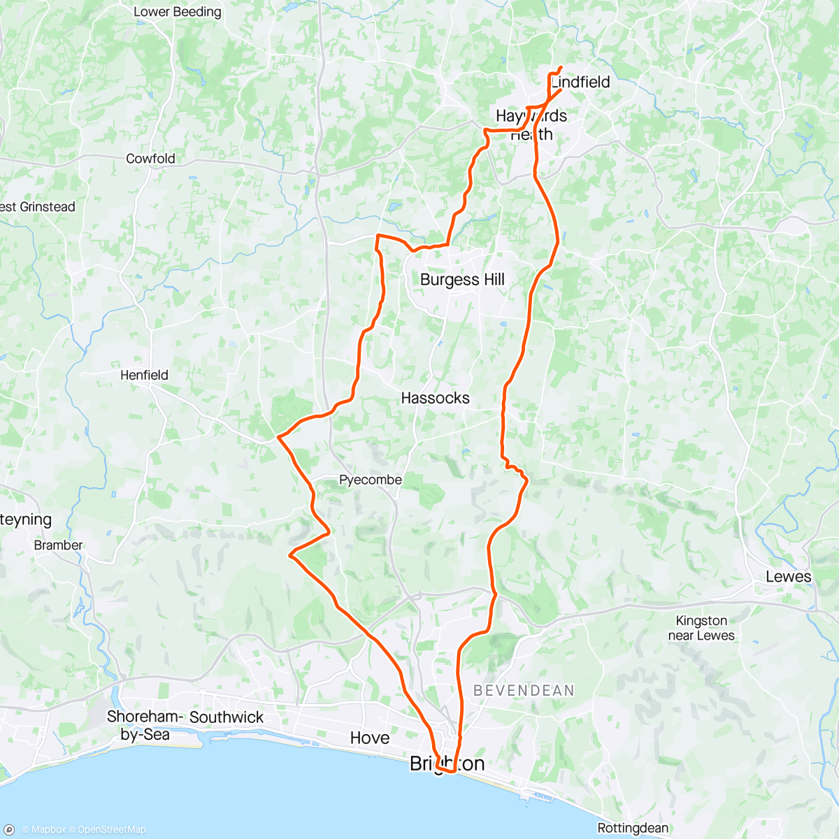 Map of the activity, Joined the ICC Fish n Chip ride to Brighton (some way in)