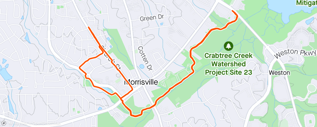 Map of the activity, 1M warm up, 2x2000M @ 10k pace w/400M recovery, 1M cooldown