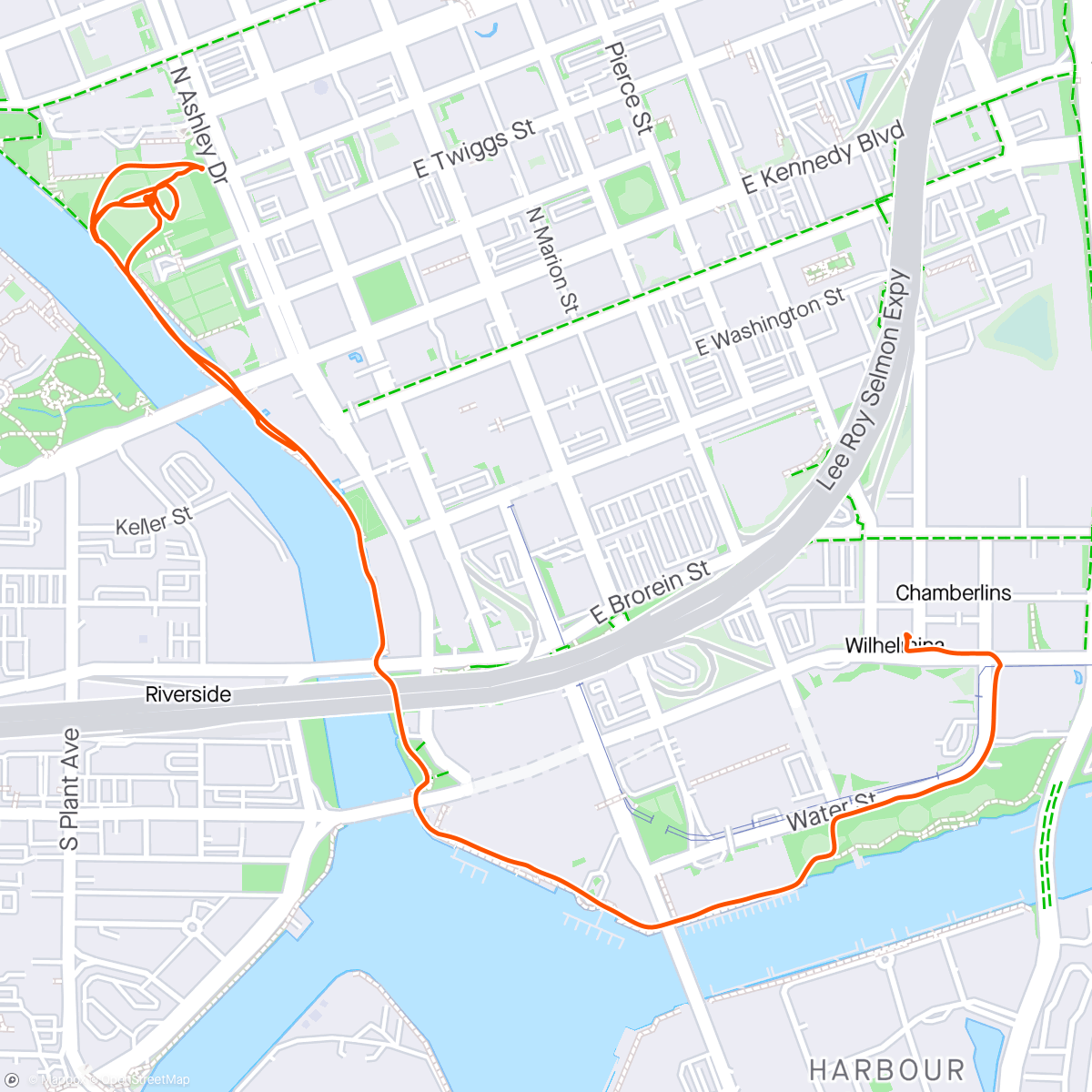 Карта физической активности (Evening Walk on Tampa Riverwalk)
