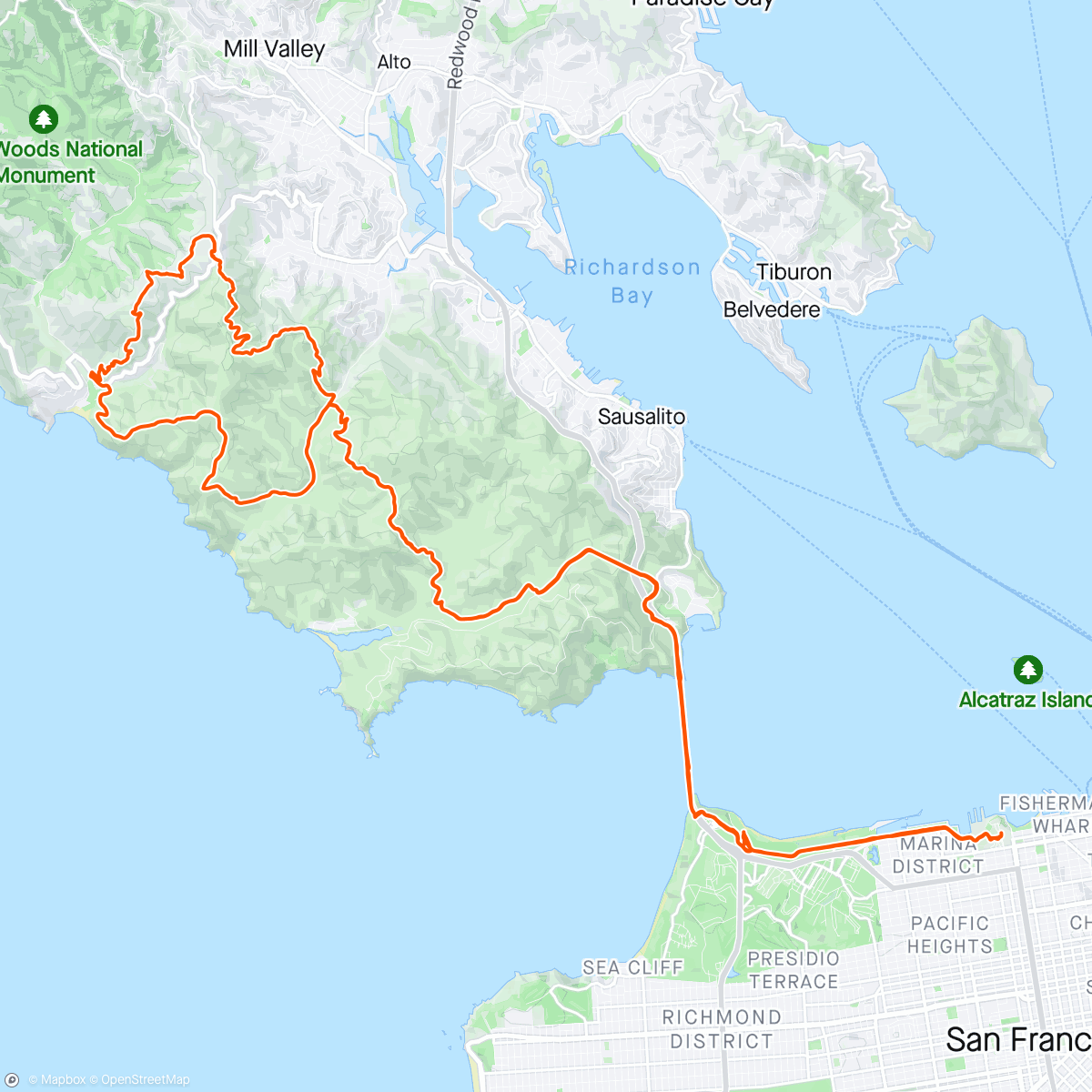 Map of the activity, Muir beach & back 🥶