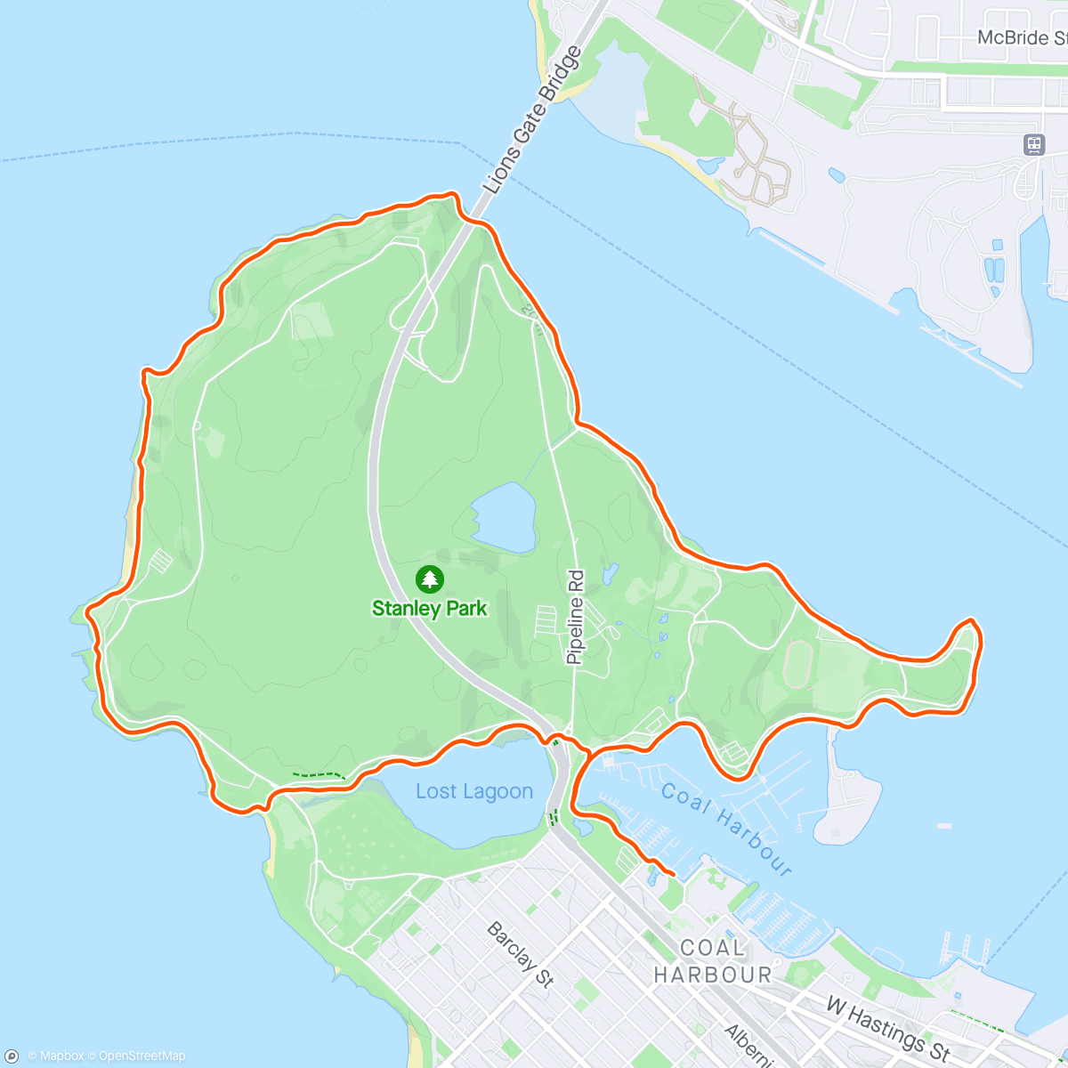 Map of the activity, Easy run around BC’s Stanley Park (Vancouver).
