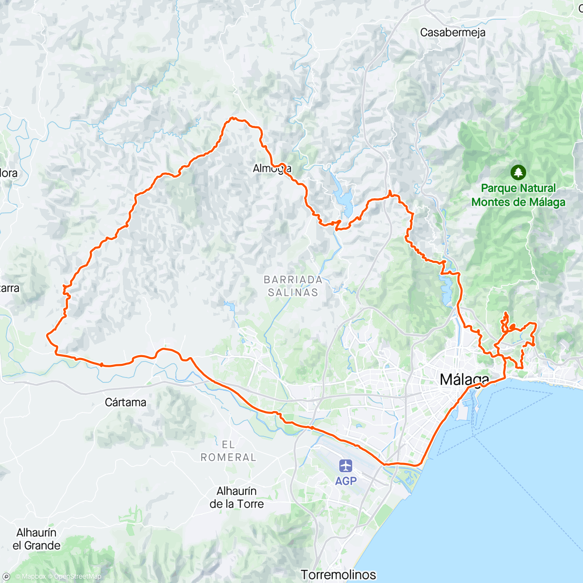 Map of the activity, Cerrado de Calderon - La Hermita Verdiales - Vendo Miel - Tonoganes - Almogia - Santipetri - Hermita tres cruces - Pizarra - Cártama - Río Guadalhorce - Almendrales - sendero Kawasaki - Cerrado de Calderon