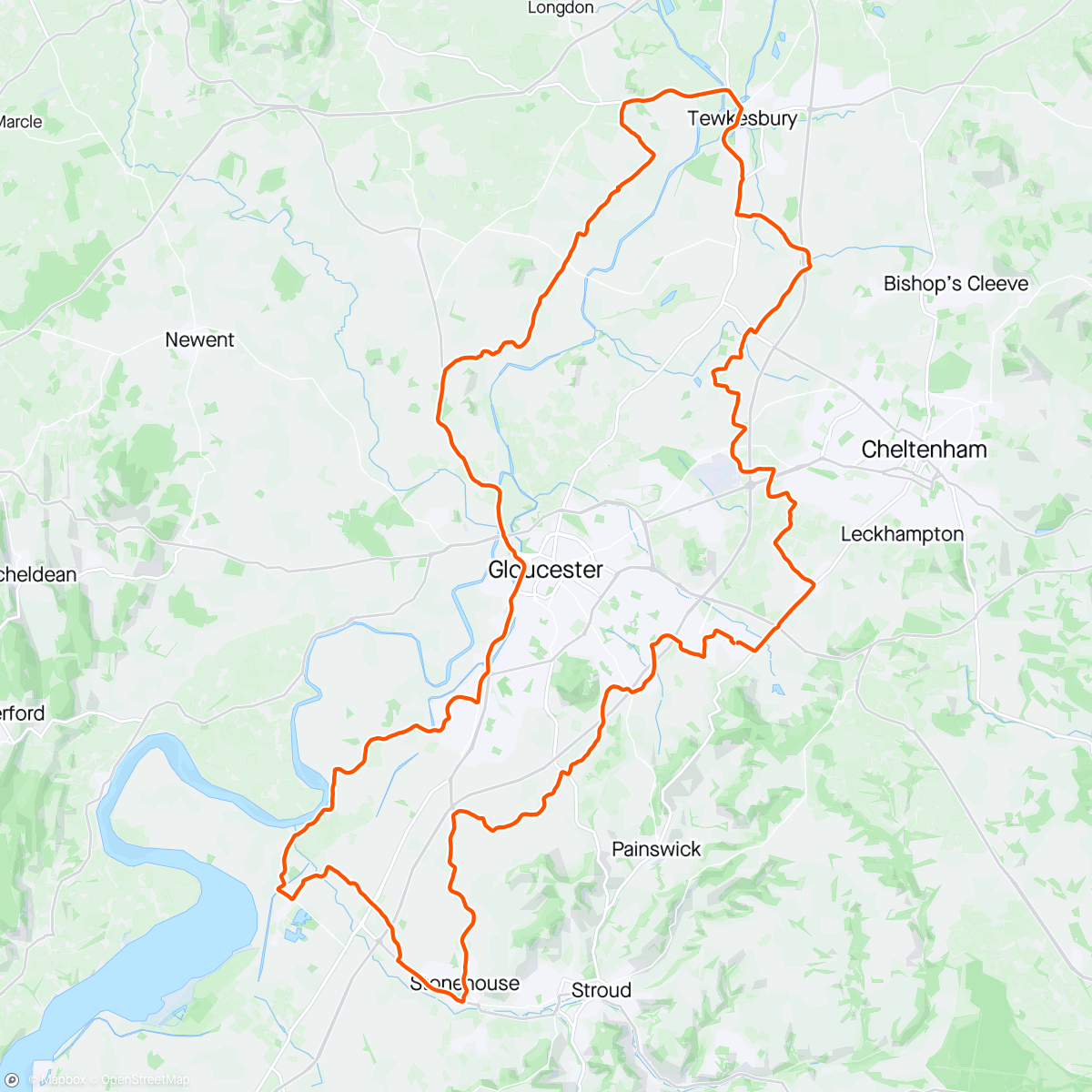Map of the activity, Evening Ride, Stroud to Tewkesbury via Frampton
