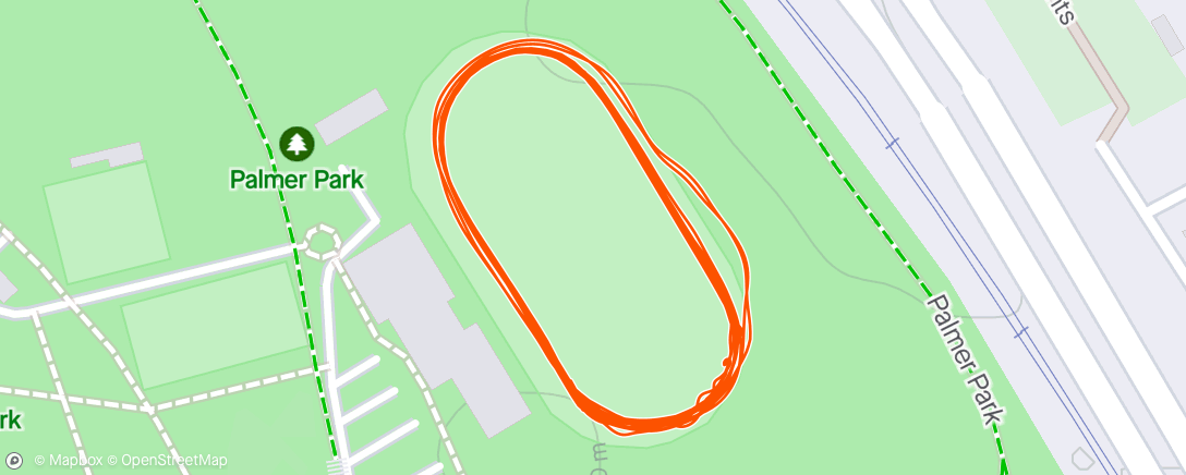 Map of the activity, 3x (400, 300, 200) @1500 off 90s between reps, 3 mins between sets