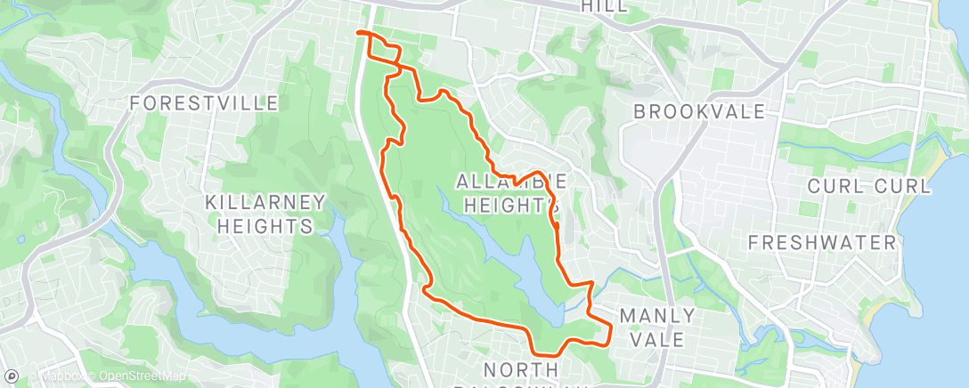Map of the activity, A little stretch of the legs, outside trails of Manly Dam.